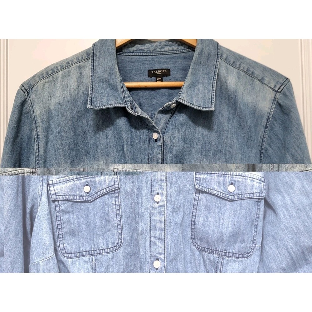 Talbots Blue Chambray Denim Roll Tab Sleeve Button Up Shirt Sz 20w - Picture 2 of 7